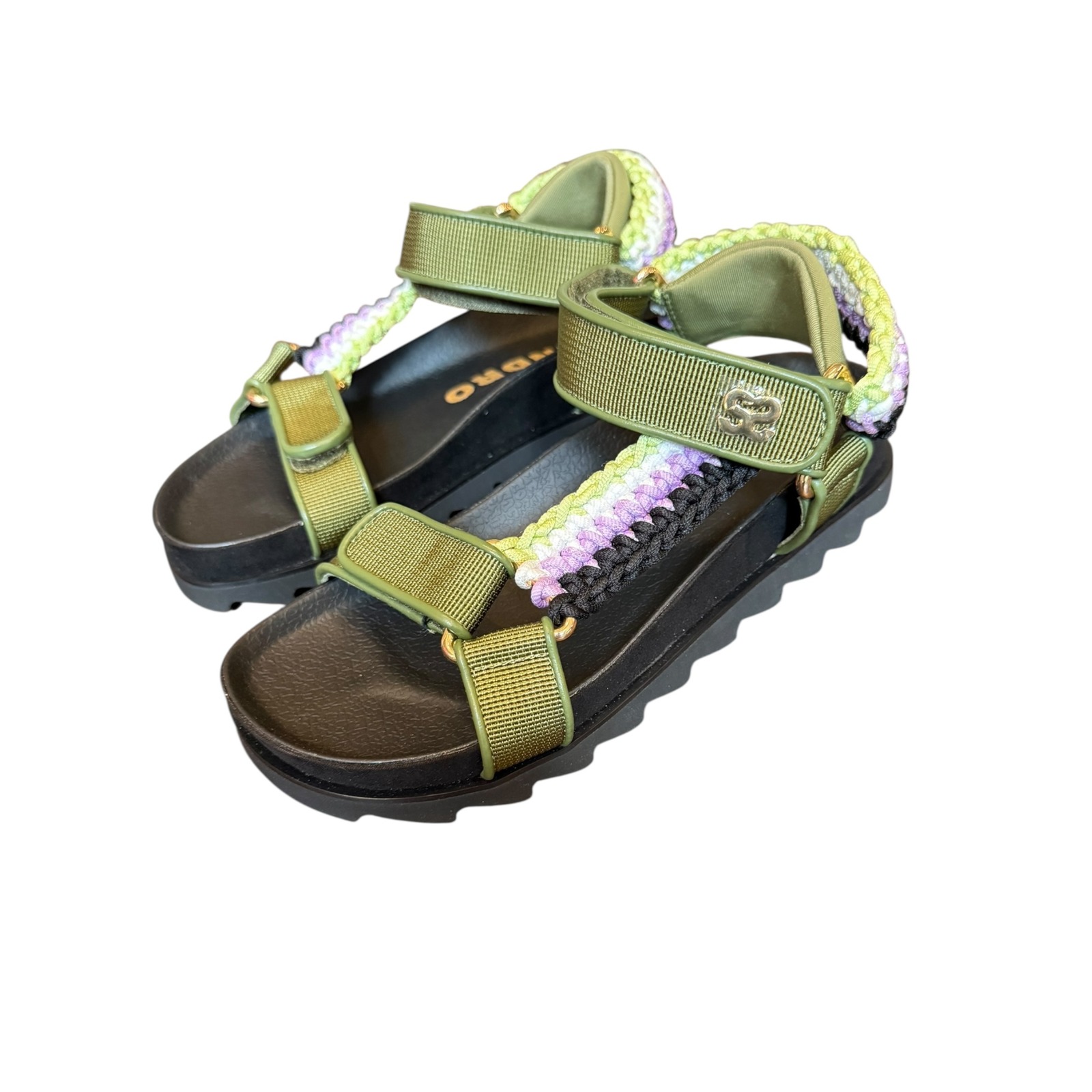 Sandro Sporty Sandals Lug Sole Braided Straps Olive Green Purple Size 36 Size 6